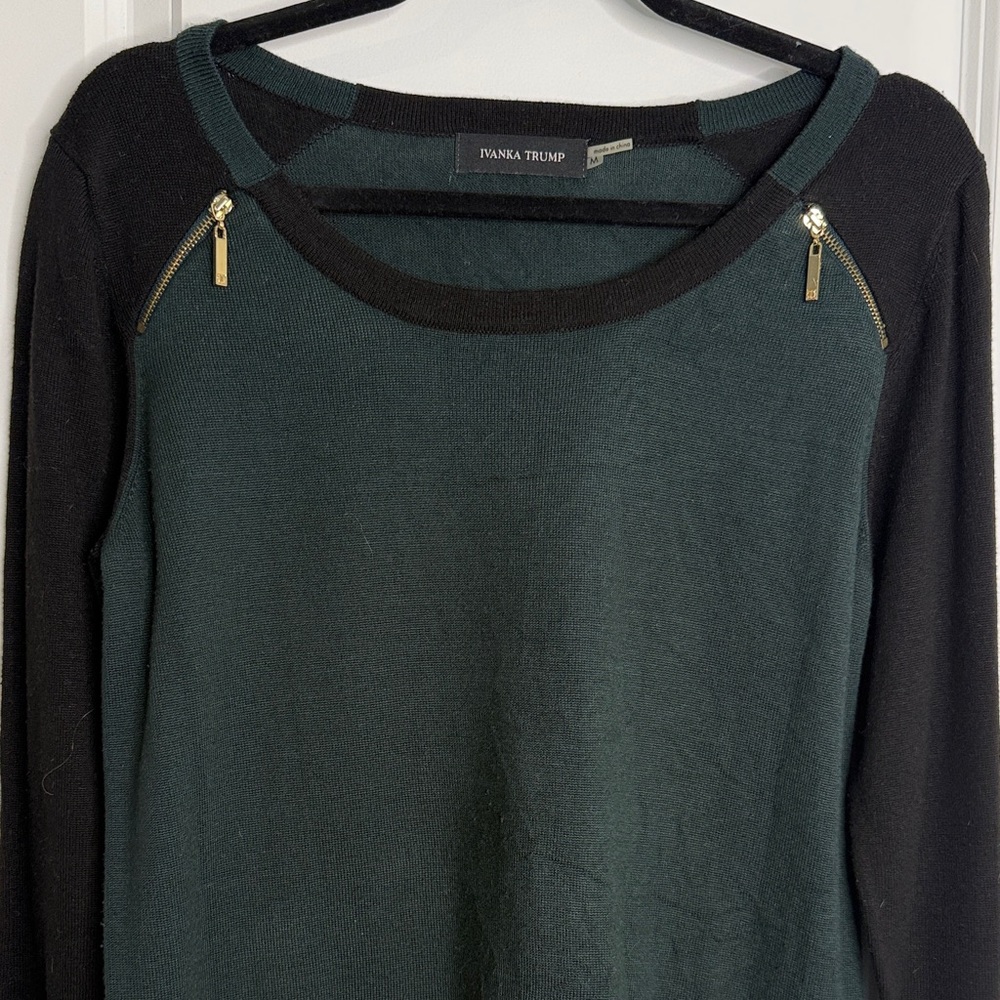 Ivanka Trump Forest Green and Black Knit Top with Gold Zippers